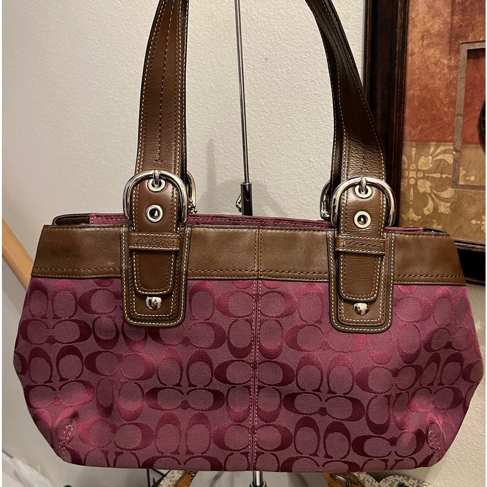 Coach Burgundy Shoulder Bag. Dark Brown Buckle Detail Leather Handles & Trim.EUC - Picture 2 of 9